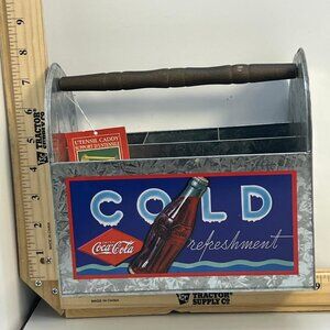 Coca Cola Cold Refreshment Metal Utensil Caddy Tin Holder 2002 Blue Red